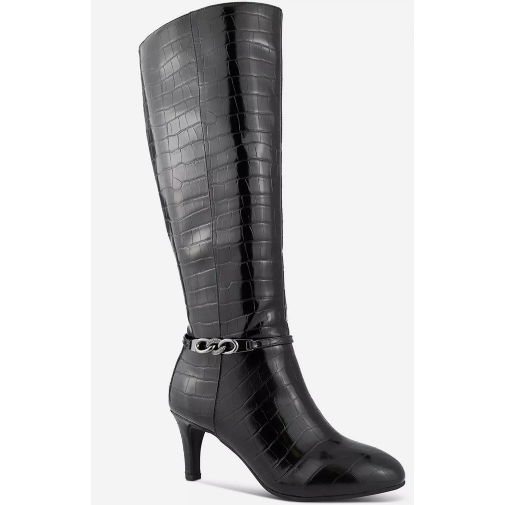 Karen Scott Hanna Black Croc Knee High Boots 7M Round Toe Kitten Heel Chain Moto
